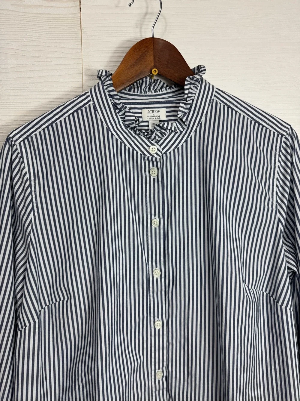 J. Crew Ruffleneck button-up top Blue White Striped XL